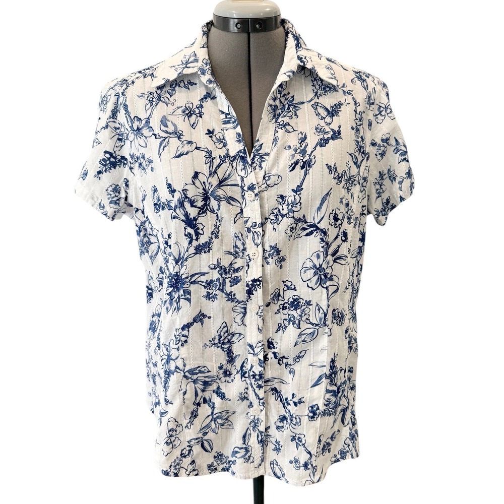 Lemon Grass Studio Womens Large Blue White Floral Toile Cotton Button‎ Up Shirt